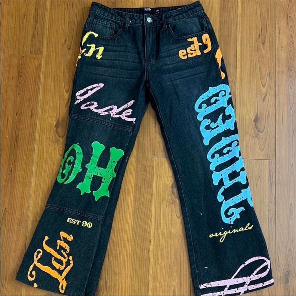 Honey graffiti black denim jeans written in bottom back with color letters jaded